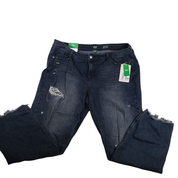 dip Denim - Dip Womens Mid Rise Straight‎ Distressed Jeans Dark Wash Frayed Hem 18W NEW